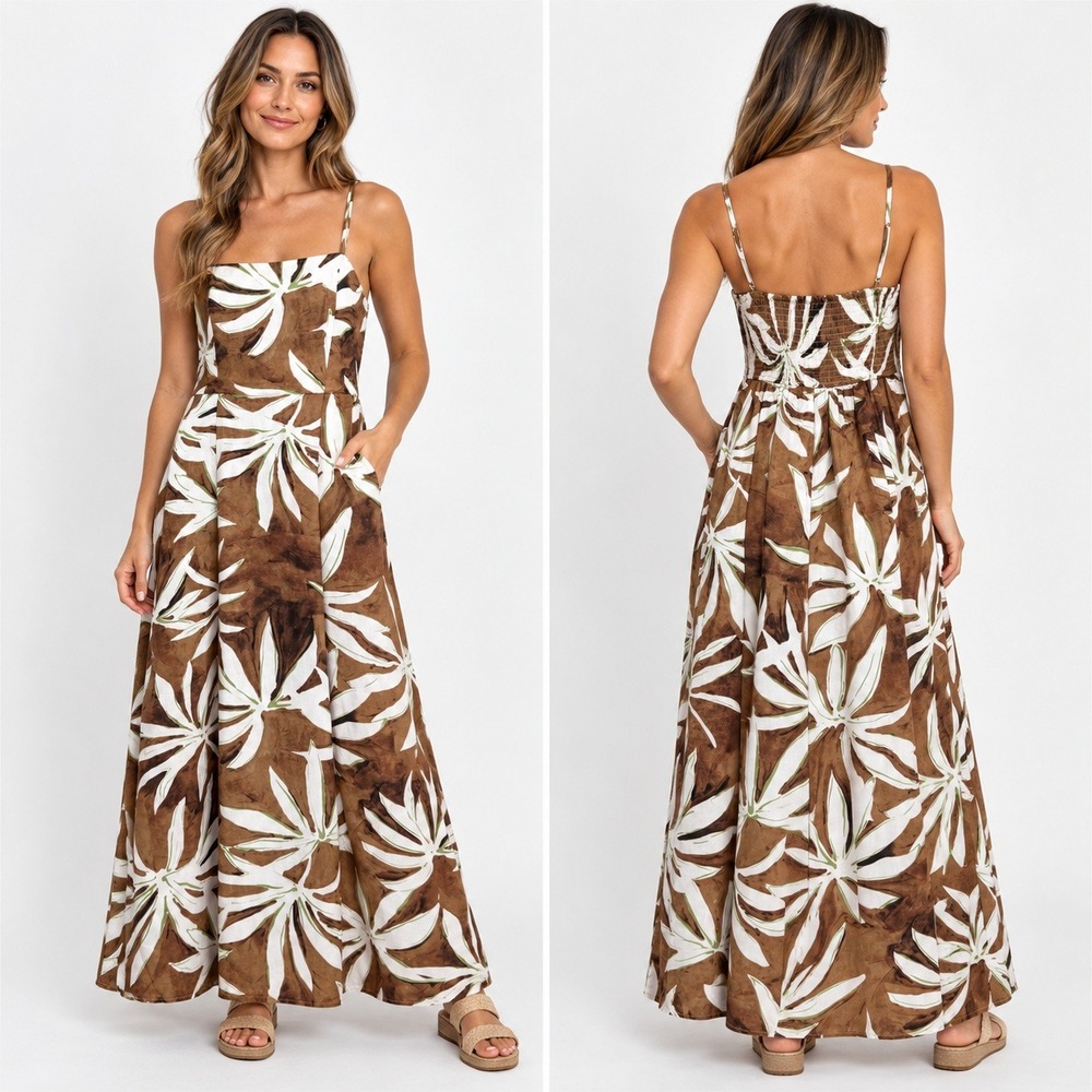 Rachel Zoe Brown White Tropical Palm Leaf Print Smocked Maxi Dress Medium